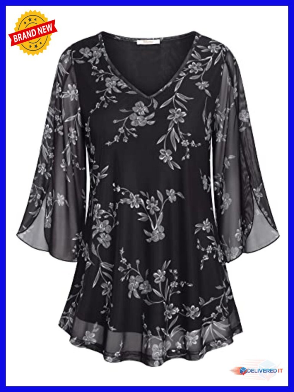 Women's Ruffle 3/4 Sleeve V Neck Double Layers Mesh Blouse Flowy Loose Fit